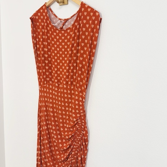 FREE PEOPLE Lakeside Heart MIDI Dress Orange High gathered Slit EUC Size small - Picture 4 of 9